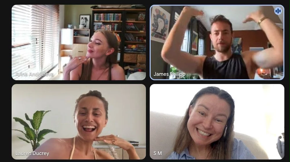 Four members working together on a Ship Happens coworking video call