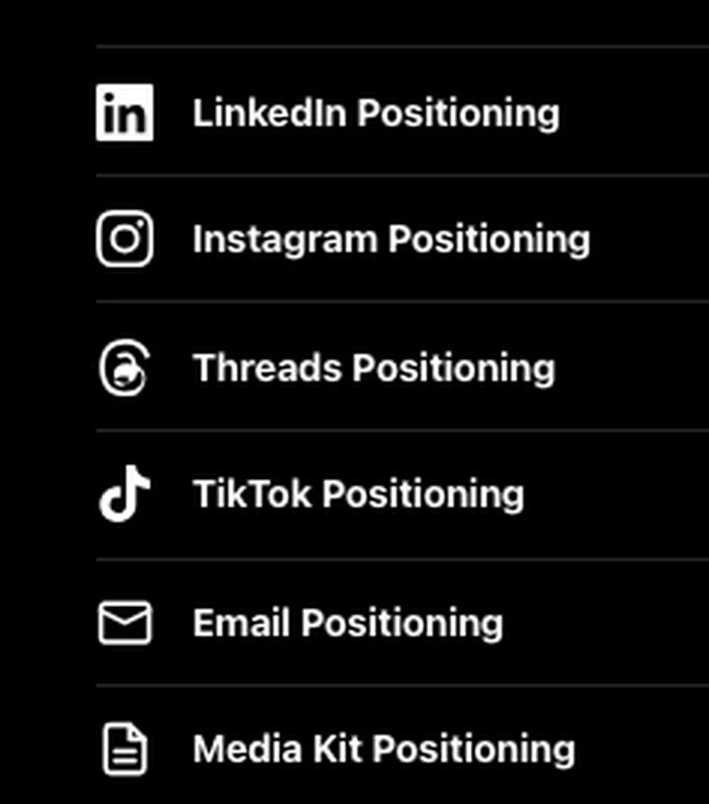 Positioning playbooks for LinkedIn, Instagram, Threads, TikTok, email and media kit