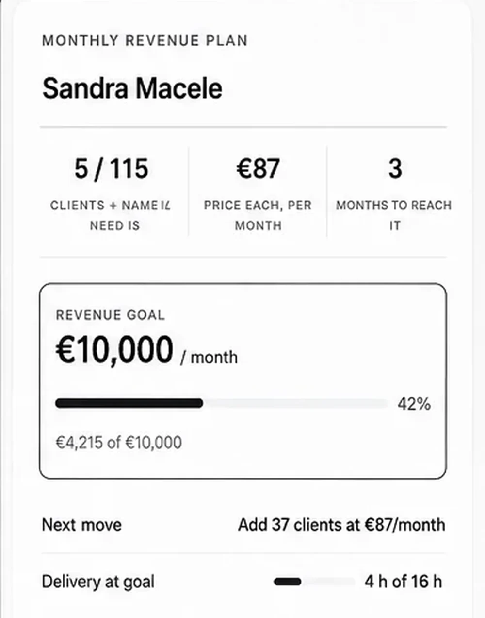 Revenue goal, progress bar and next move inside Bankable