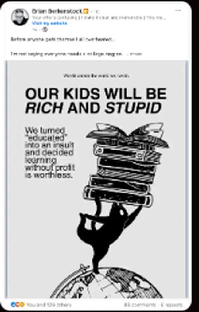LinkedIn carousel post by Brian Berkenstock: Our kids will be rich and stupid